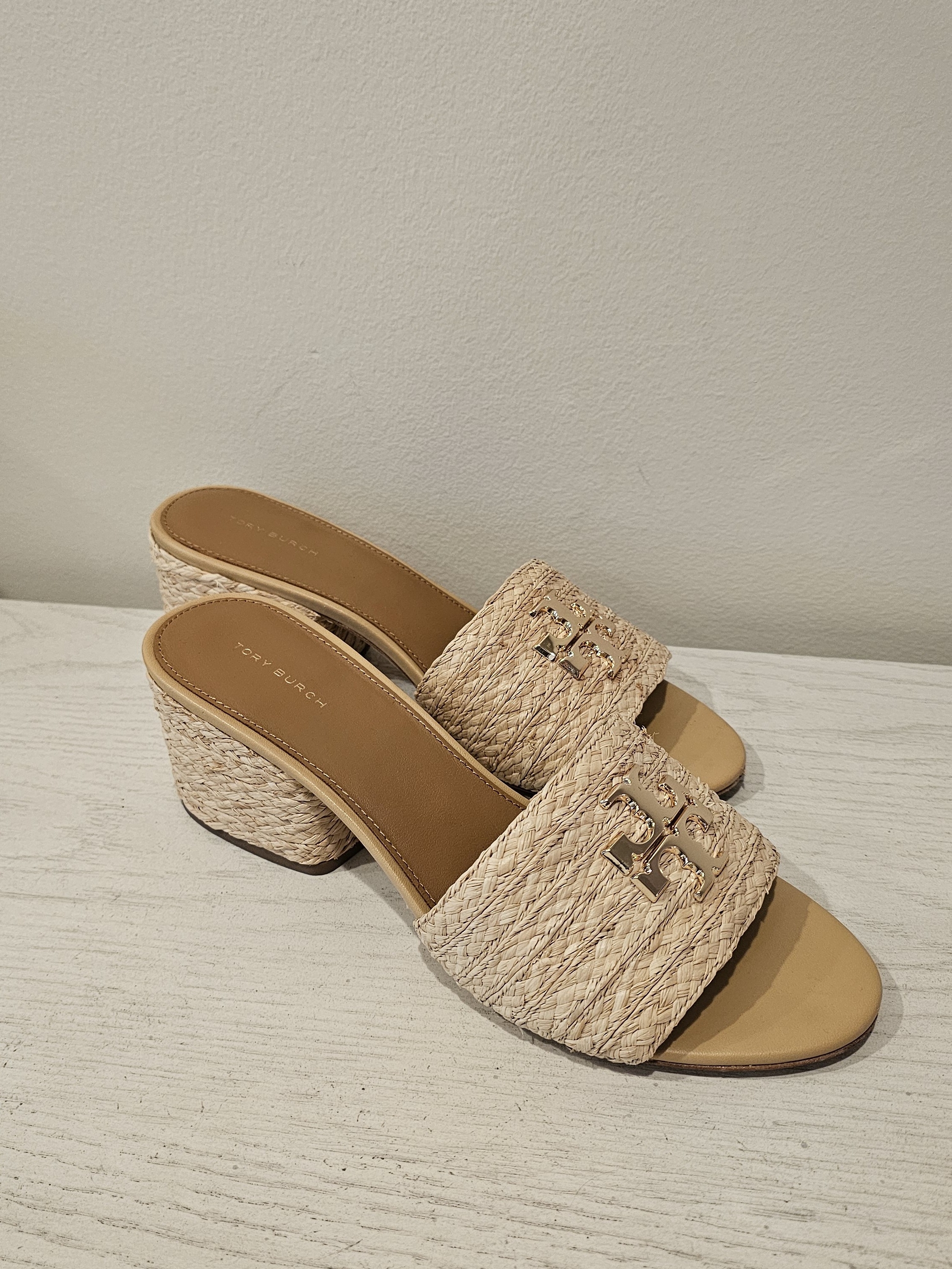 Tory Burch Natural Raffia Everly Sandals Block Heel